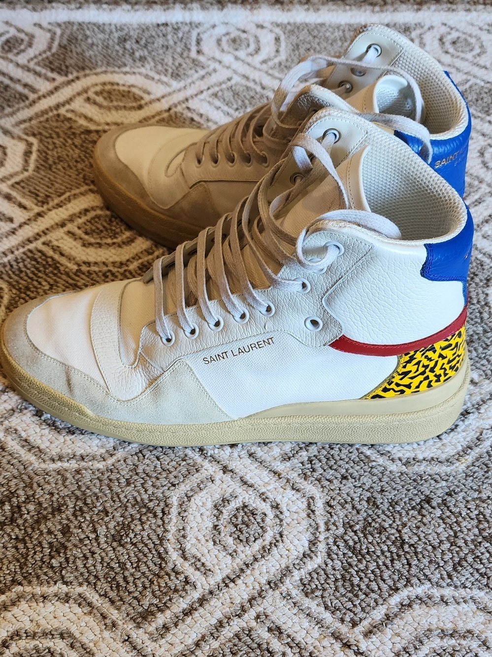 Saint Laurent White High-Top Sneakers with Blue & Red Accents
